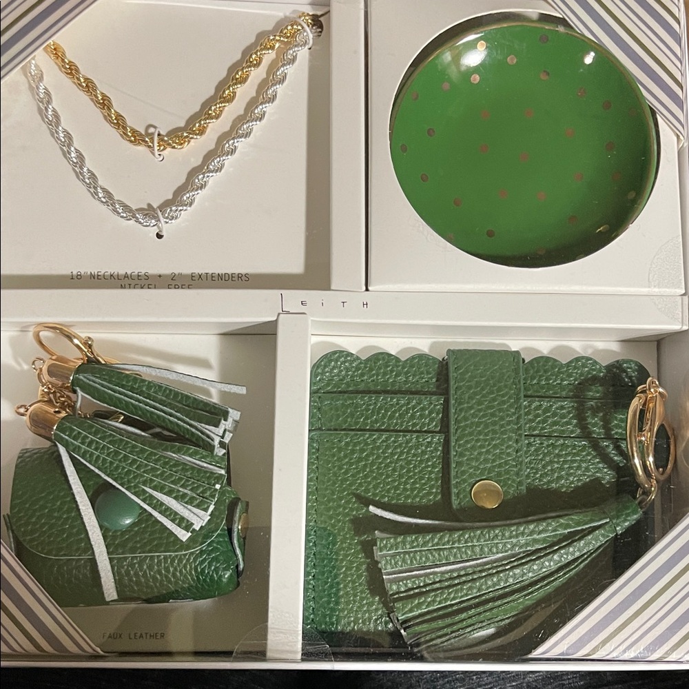 Leith gift set-gold & silver necklaces/trinket dish/mini bag keychain/card case